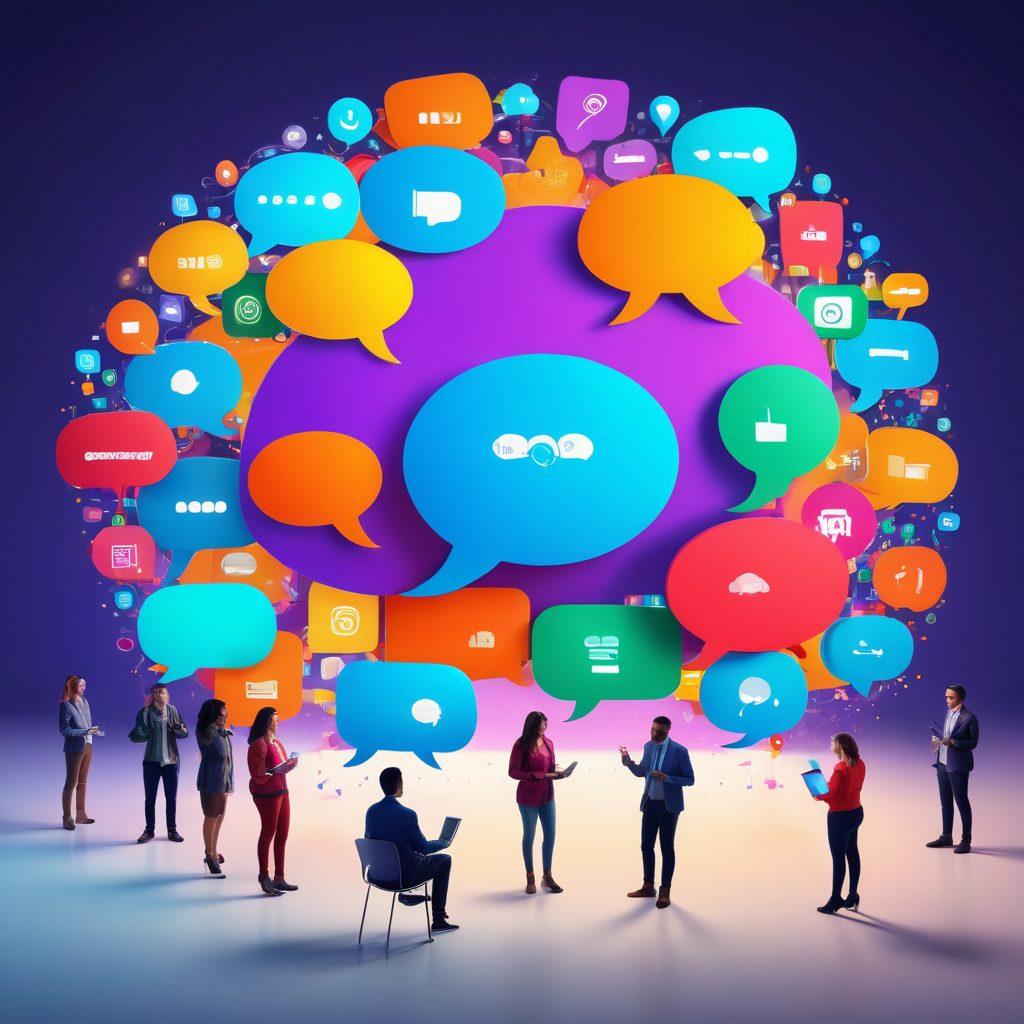An inviting digital landscape showcasing diverse individuals connecting through various devices, surrounded by colorful speech bubbles full of engaging content ideas. Include a vibrant backdrop with social media icons and a glowing community logo at the center, symbolizing unity. The atmosphere should feel warm and welcoming, emanating a sense of collaboration and creativity. super-realistic. vibrant colors. 3D.