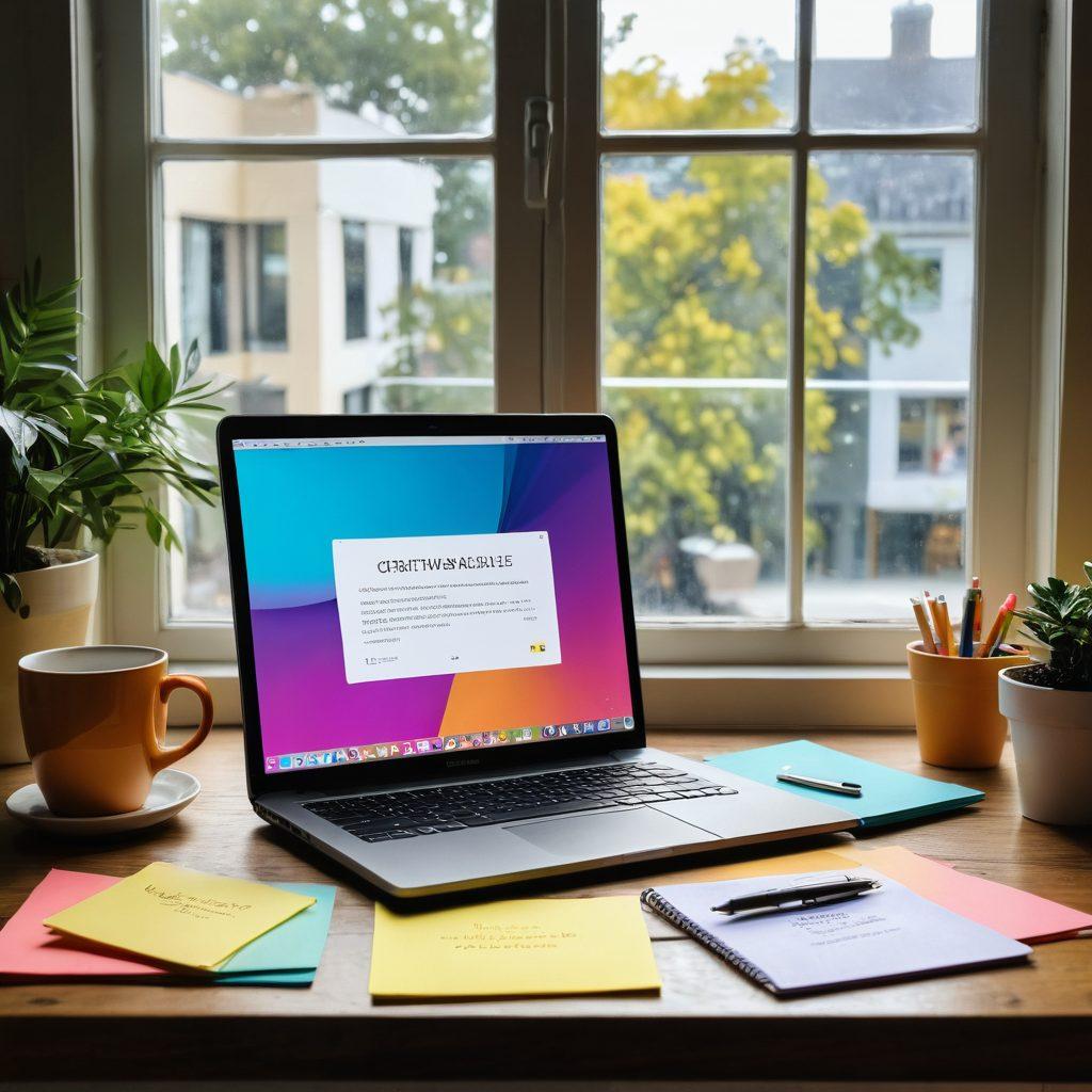 An inspiring workspace featuring a sleek laptop open to a beautiful blog design, surrounded by colorful notebooks, a warm cup of coffee, and motivational quotes on sticky notes. In the background, a window reveals a bright, sunny day outside, symbolizing growth and opportunities. The scene should convey creativity and transformation. vibrant colors. super-realistic.