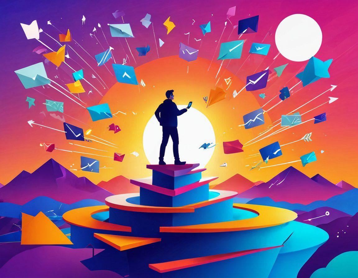 A stylish blogger navigating a colorful digital landscape filled with diverse blogs represented as floating platforms. The scene features a bright sunrise symbolizing new opportunities, with floating arrows pointing towards growth and engagement. The background illustrates a dynamic social media feed, displaying comments and likes. This inspiring atmosphere promotes creativity, connectivity, and the journey of blogging. super-realistic. vibrant colors. 3D.